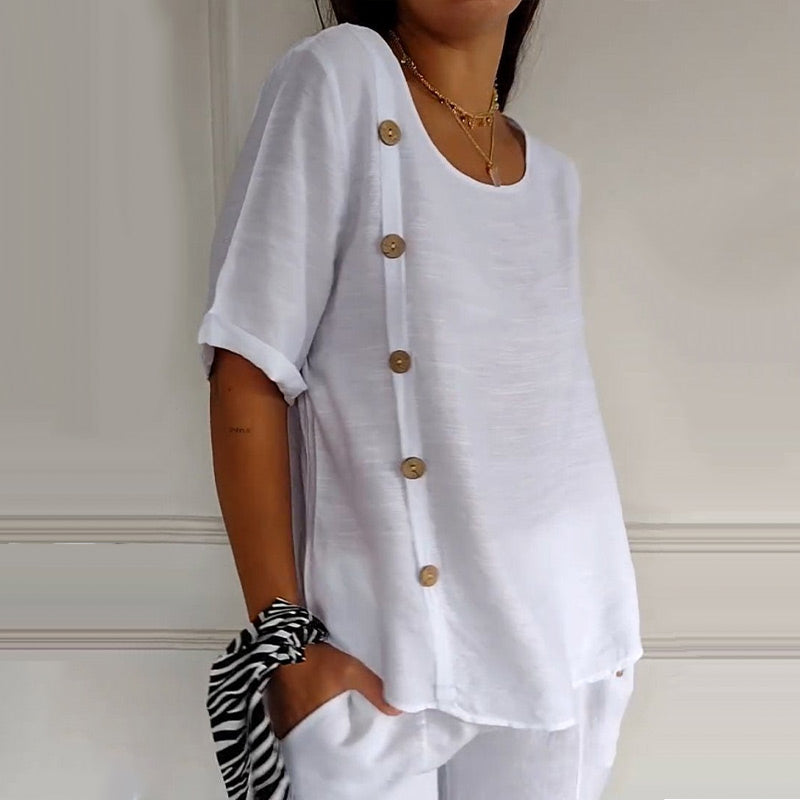 Martha - Chic Linen Blouse with Side Buttons for Women