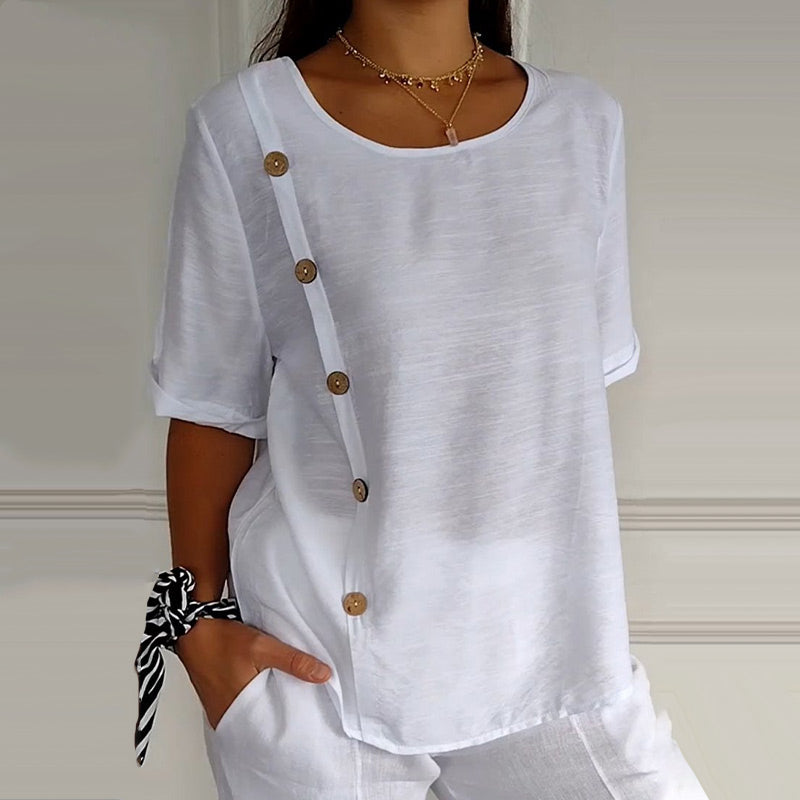 Martha - Chic Linen Blouse with Side Buttons for Women